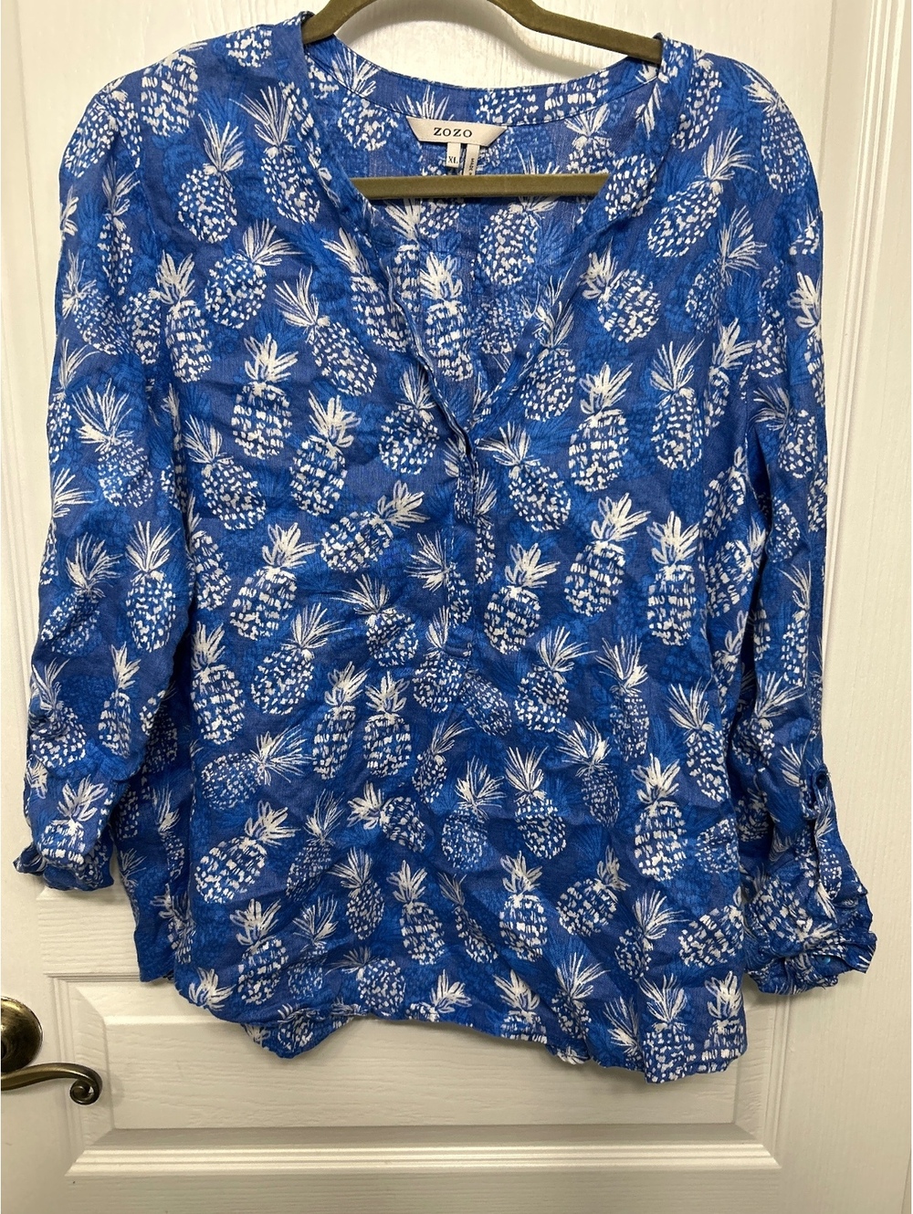 Zozo Blue Linen Pineapple Print Blouse XL